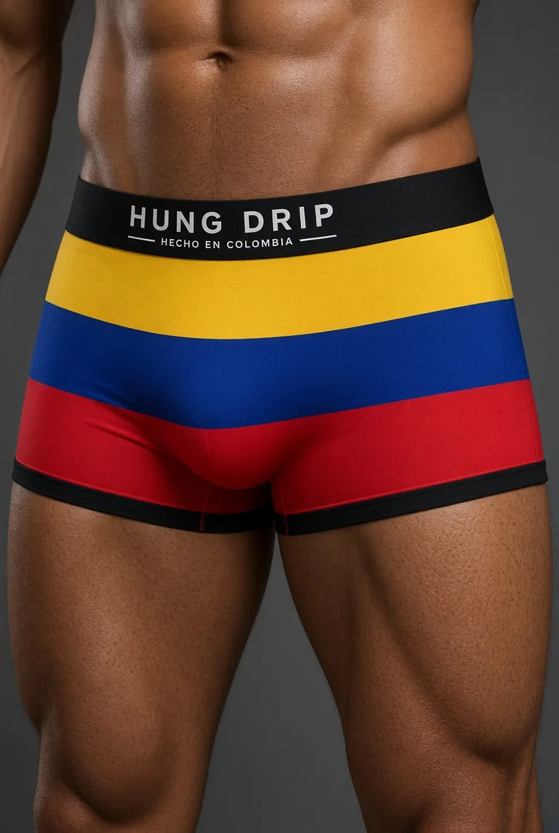 HUNGDRIP Tricolor Trunk, front view showing the black jacquard waistband